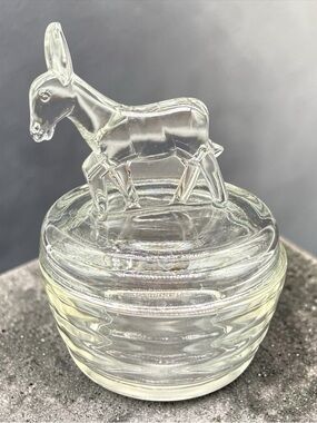 Jeanette Glass Clear Donkey Lidded Powder Vanity Trinket Jar Vintage As Is